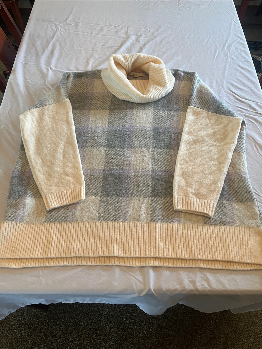 LOFT Cream and Gray Plaid Turtleneck Women’s Sweater